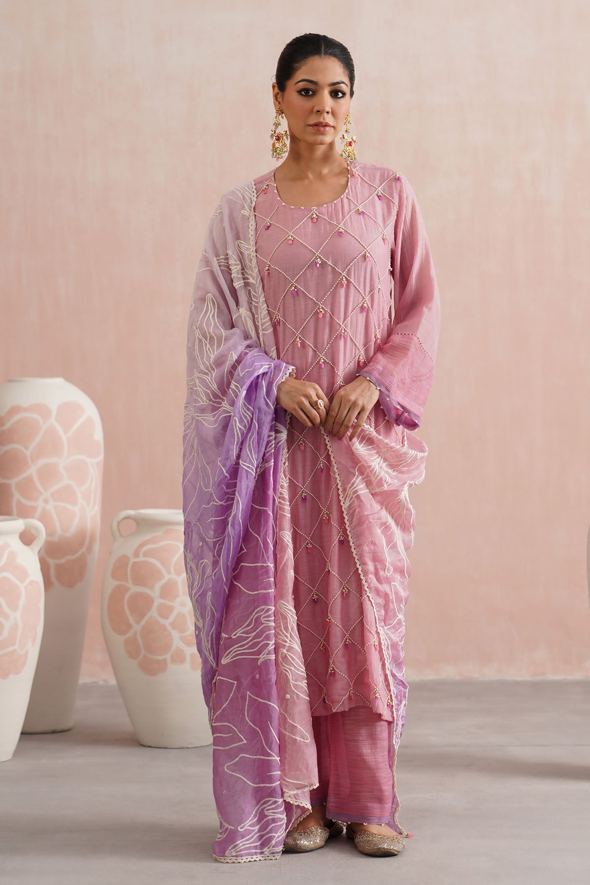 Buy Pink Jewel Embroidered Kurta Set for women online available at Scrollnshops